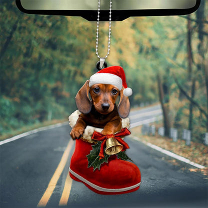 Dachshund In Santa Boot Christmas Car Hanging Ornament OO1358