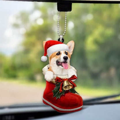 Pembroke Welsh Corgi In Santa Boot Christmas Car Hanging Ornament OO1365