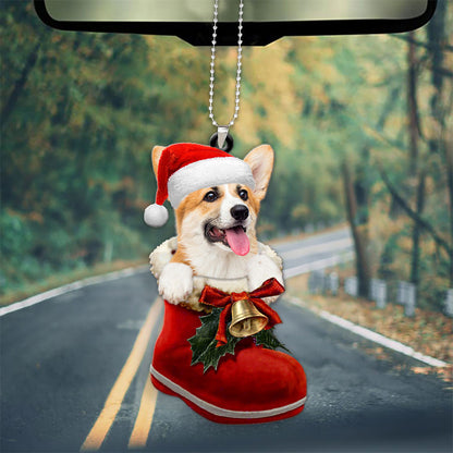 Pembroke Welsh Corgi In Santa Boot Christmas Car Hanging Ornament OO1365