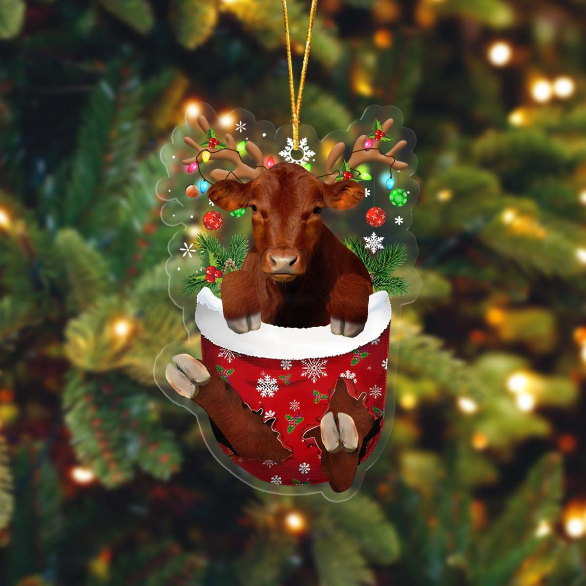 Lasfour Red Angus In Pocket Christmas Ornament Flat Acrylic Farmhouse Ornament OO4309