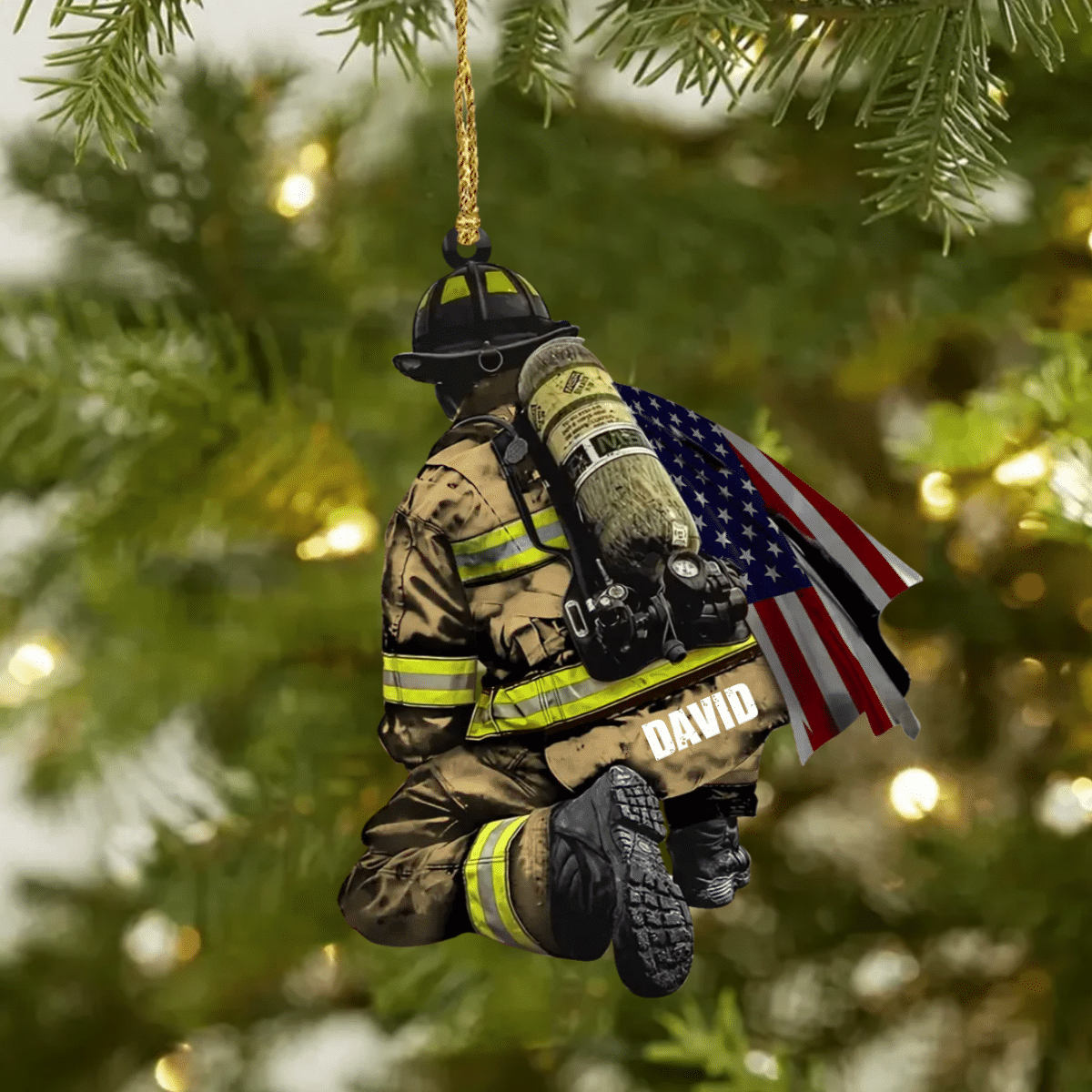 Personalized Firefighter and Fire Extinguisher Christmas Ornament for Fireman, US Flag Firefighter Ornament OO4297