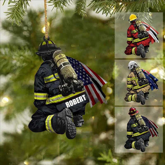 Personalized Firefighter and Fire Extinguisher Christmas Ornament for Fireman, US Flag Firefighter Ornament OO4297