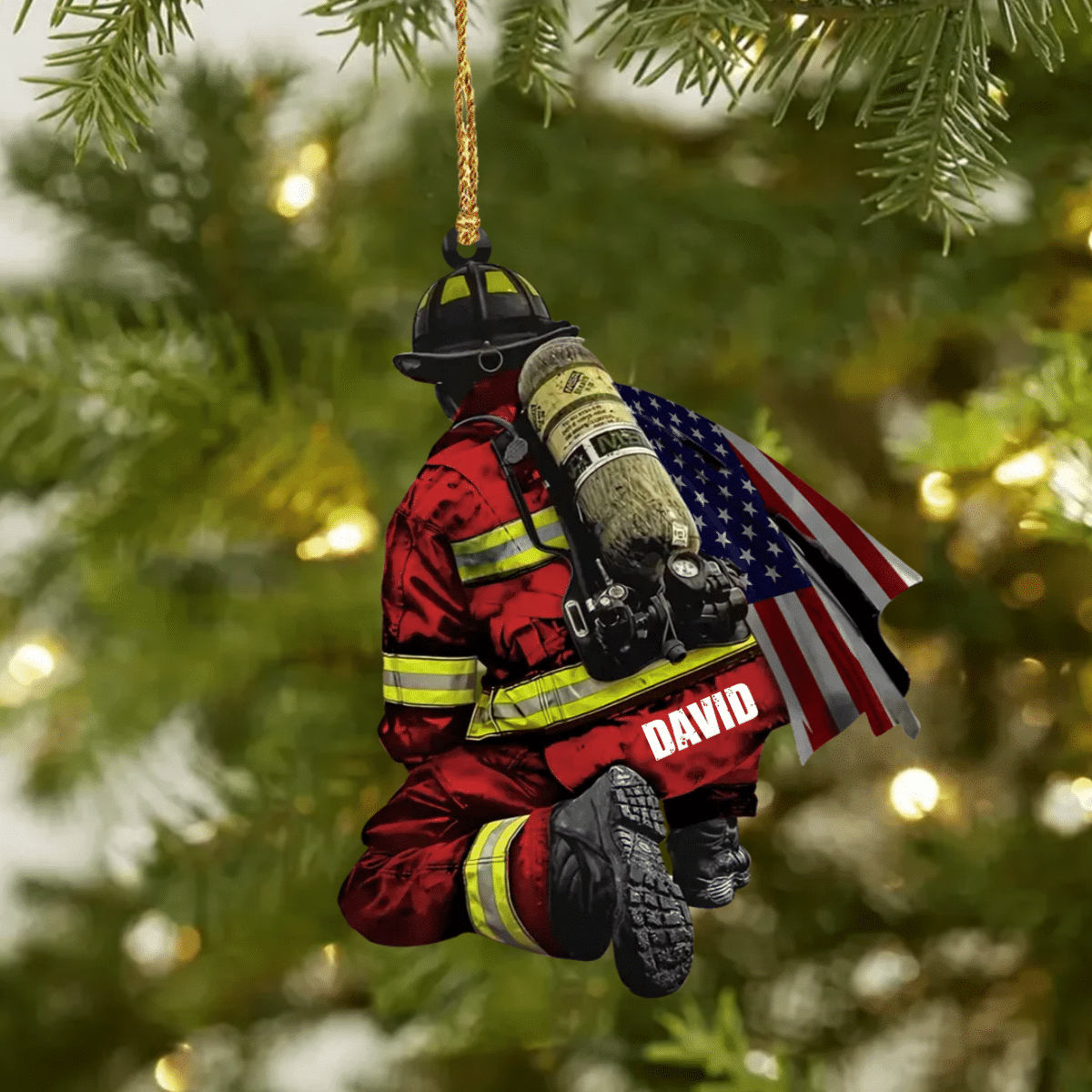 Personalized Firefighter and Fire Extinguisher Christmas Ornament for Fireman, US Flag Firefighter Ornament OO4297