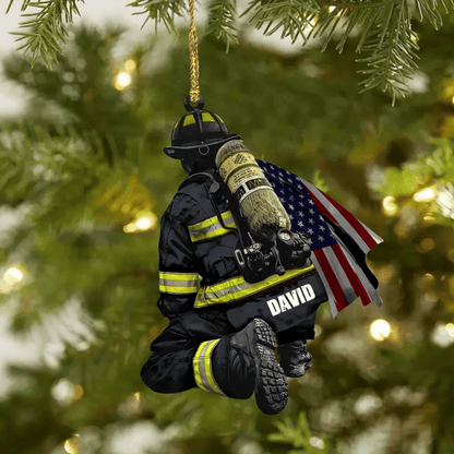 Personalized Firefighter and Fire Extinguisher Christmas Ornament for Fireman, US Flag Firefighter Ornament OO4297