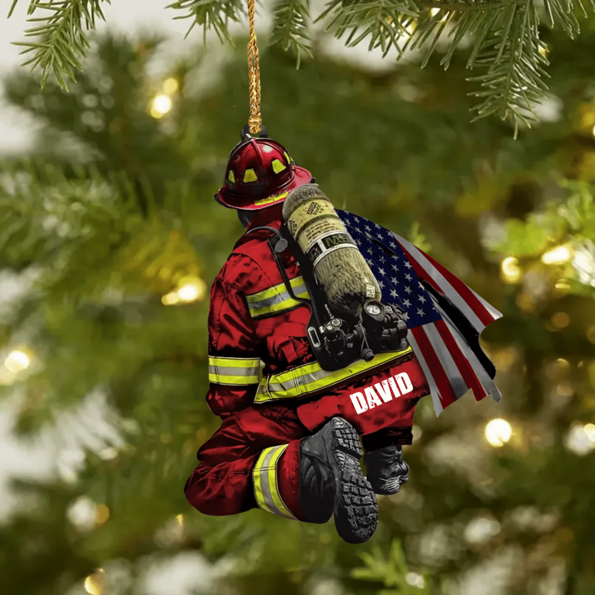 Personalized Firefighter and Fire Extinguisher Christmas Ornament for Fireman, US Flag Firefighter Ornament OO4297