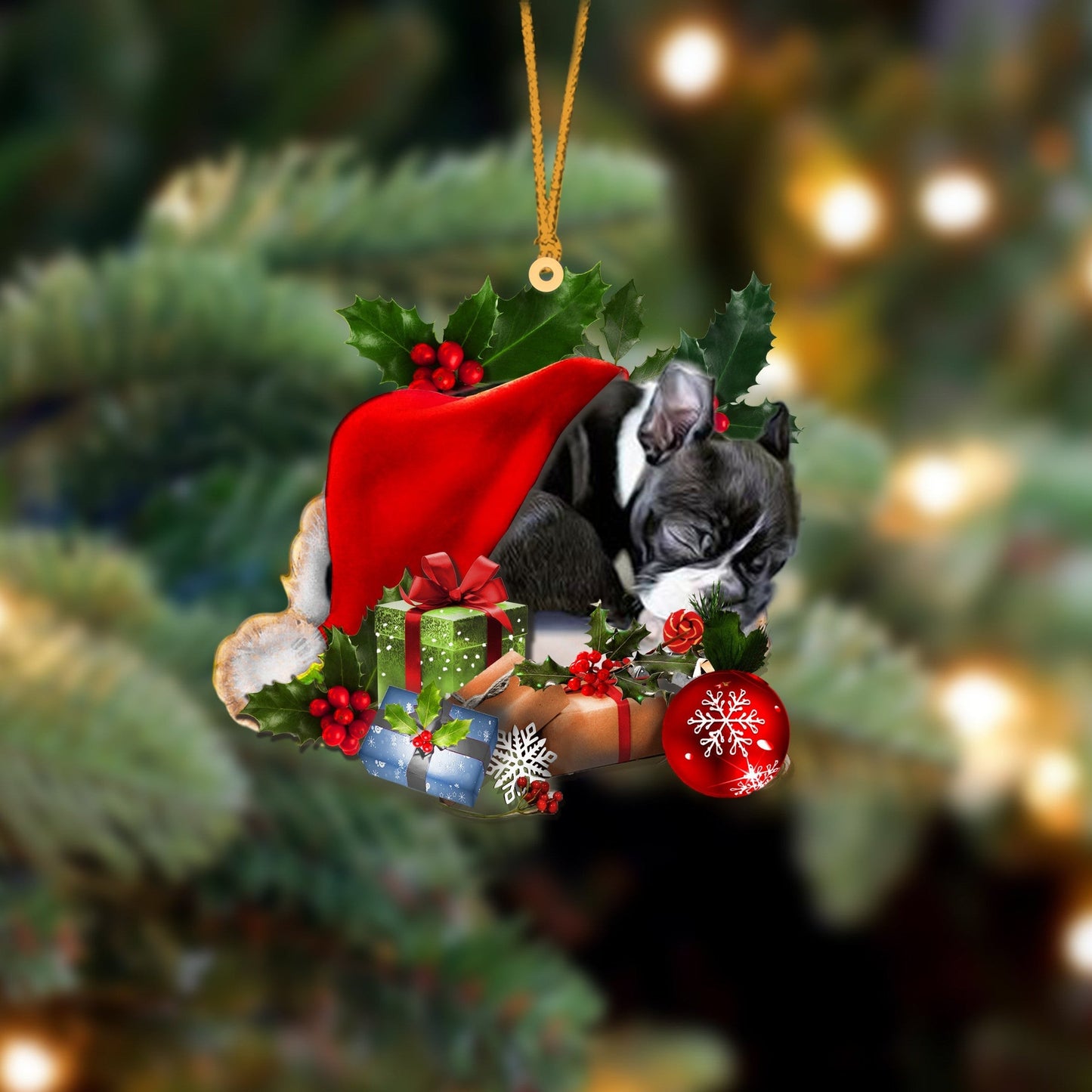 Boston Terrier Sleeping In Hat Christmas Ornament Two Sided SO0993