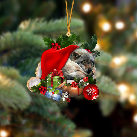 Wolf Sleeping In Hat Christmas Ornament Two Sided OO4287