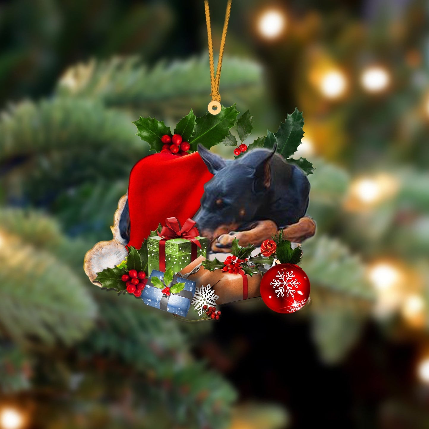 Doberman Pinscher Sleeping In Hat Christmas Ornament Two Sided OO4288