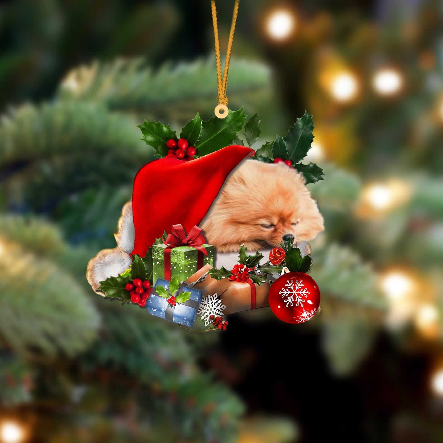 Pomeranian Sleeping In Hat Christmas Ornament Two Sided OO4283