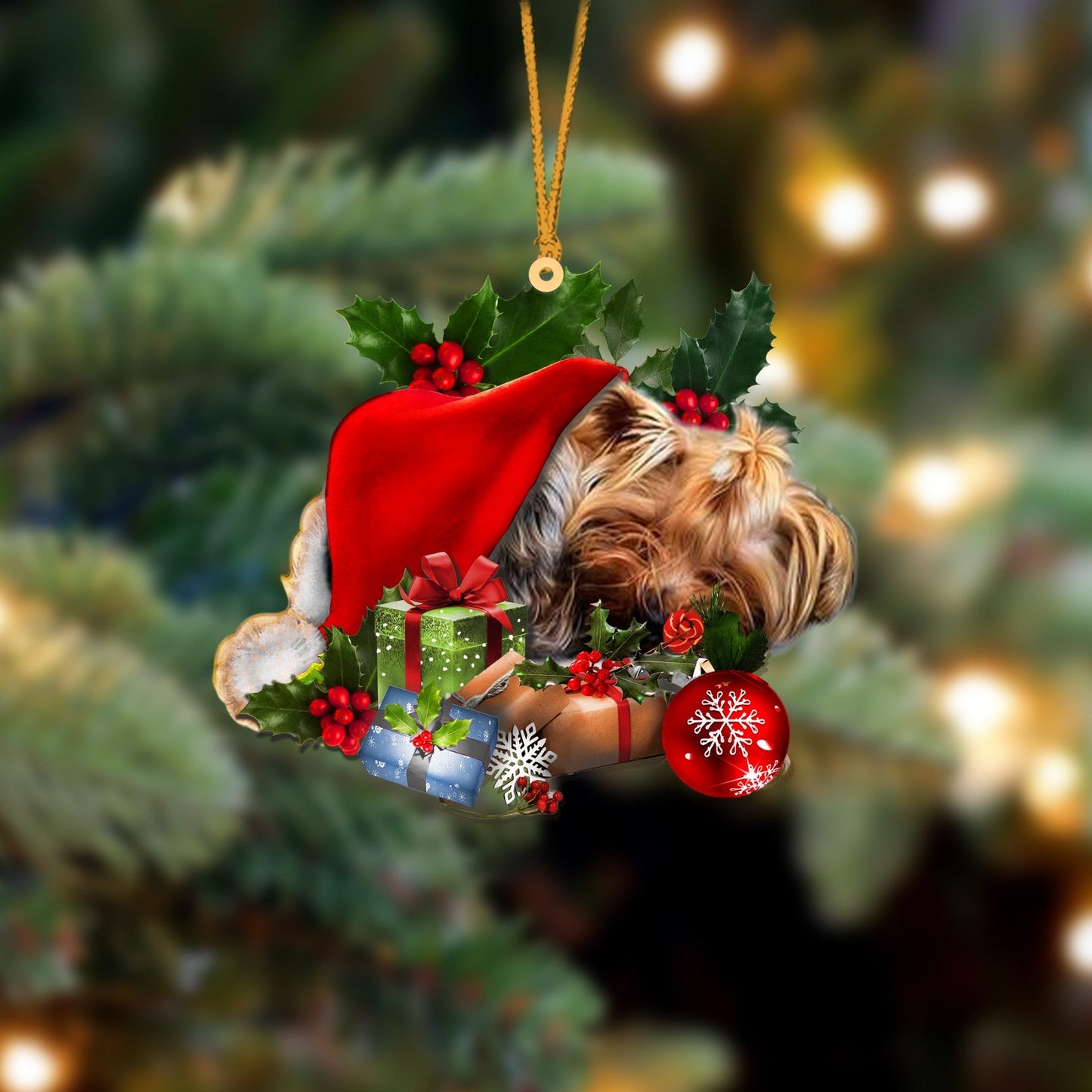 Yorkshire Terrier Sleeping In Hat Christmas Ornament Two Sided SO0991