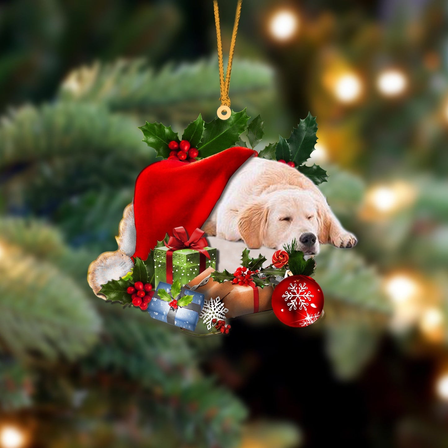 Golden Retriever Sleeping In Hat Christmas Ornament Two Sided SO1292