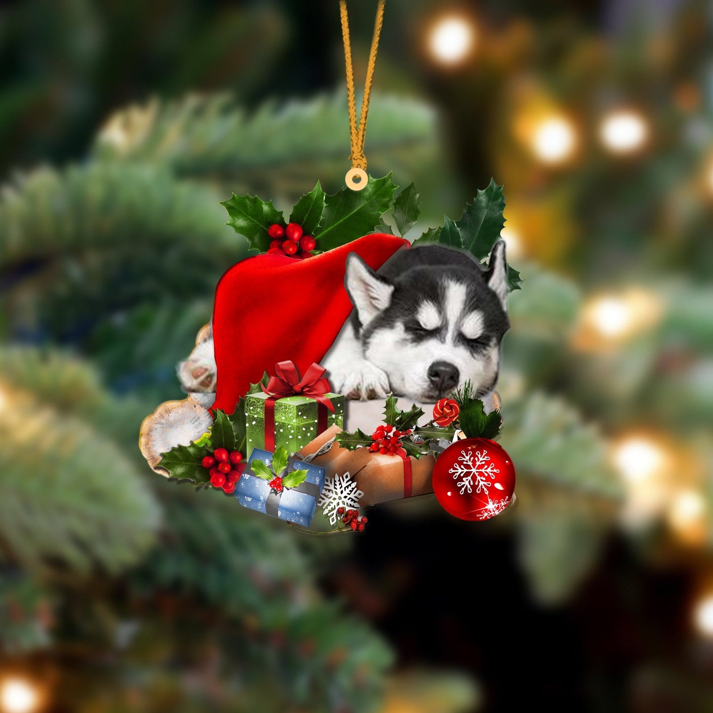 Siberian Husky Sleeping In Hat Christmas Ornament Two Sided SO0853