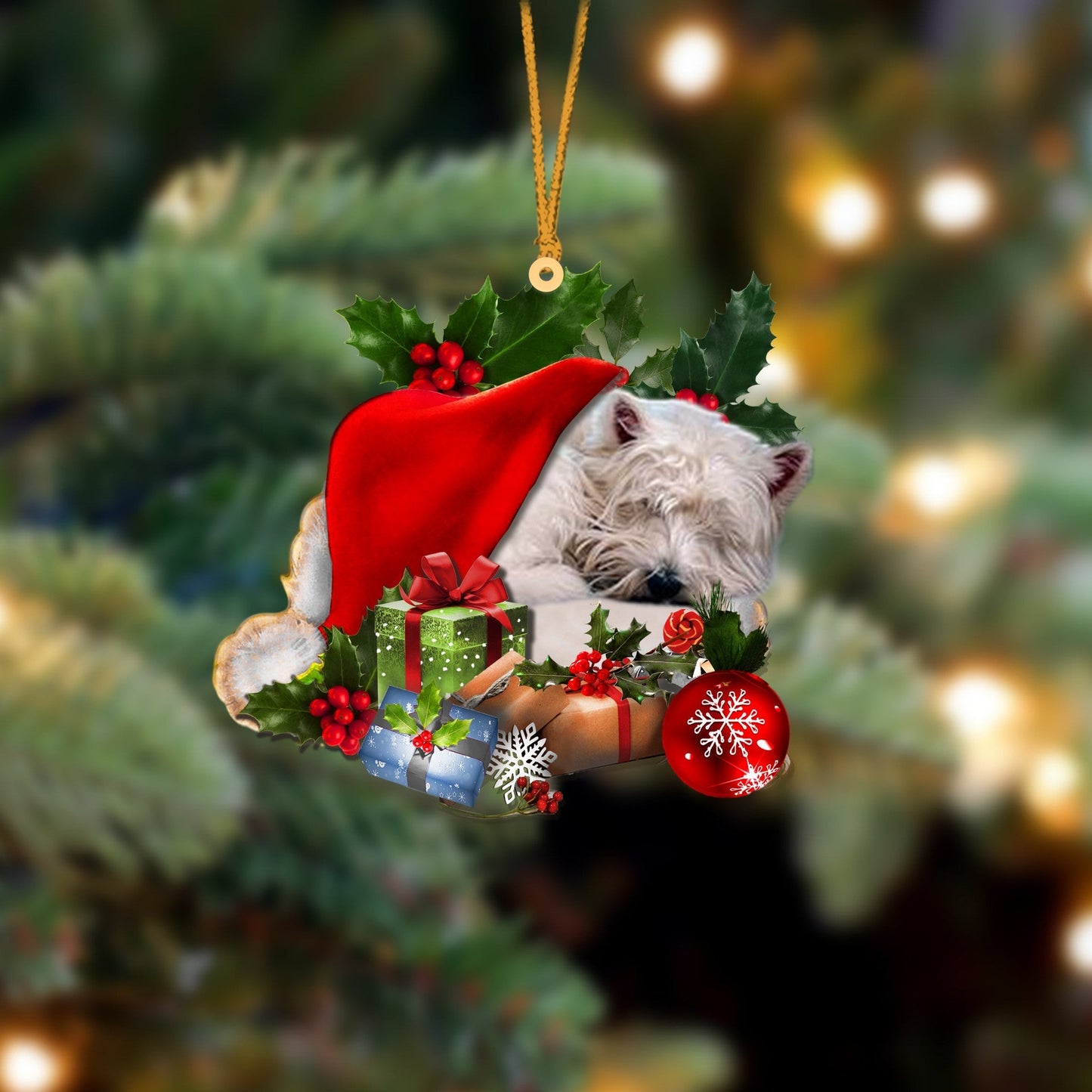 West Highland White Terrier Sleeping In Hat Christmas Ornament Two Sided OO4255