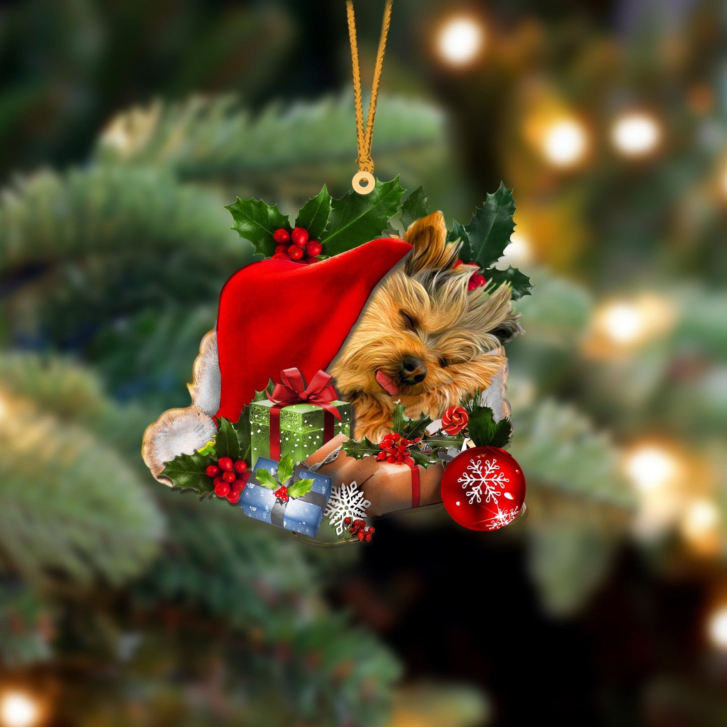 Yorkshire Terrier2 Sleeping In Hat Christmas Ornament Two Sided OO4257