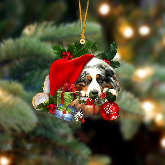 Australian Shepherd Sleeping In Hat Christmas Ornament Two Sided OO4251