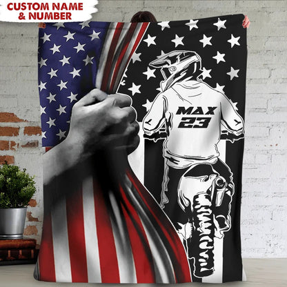 Personalized Motocross Rider Blanket, Standing For The American Flag Motocross Gift for Husband Motocross Lovers BD0013