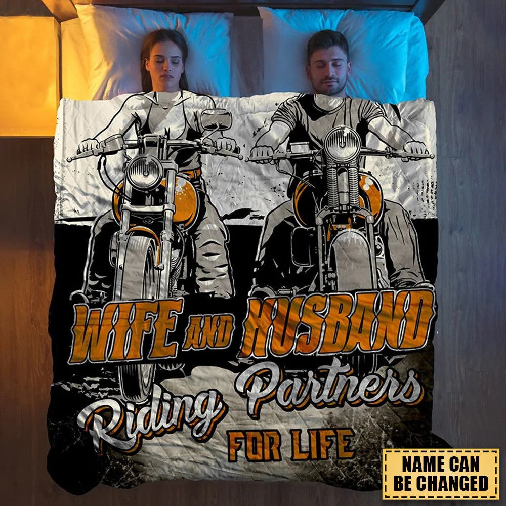 Personalized Couple Riding Partners For Life Fleece Blanket, Motorcycle Sherpa Blanket for Husband and Wife BD0014