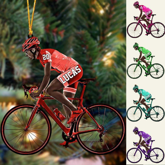 Customized African American Cyclist, Female Cyclist Bike Riding Acrylic Christmas Ornament Gift For Cyclists OO4236