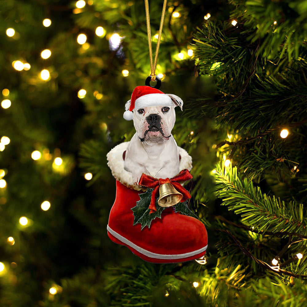 Bulldog White In Santa Boot Christmas Two Sided Ornament OO4227