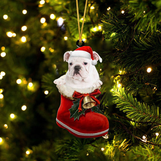 English Bulldog(White In Santa Boot Christmas Two Sided Ornament OO4128