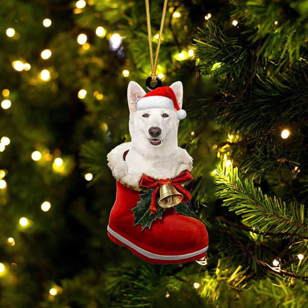 German Shepherd White In Santa Boot Christmas Two Sided Ornament OO4230