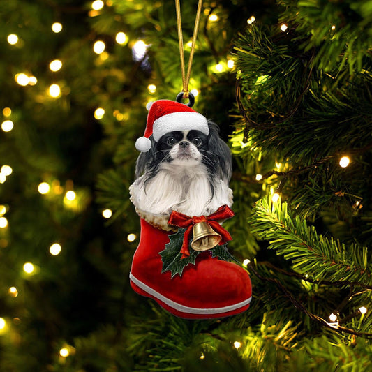 Japanese Chin In Santa Boot Christmas Two Sided Ornament SO1284