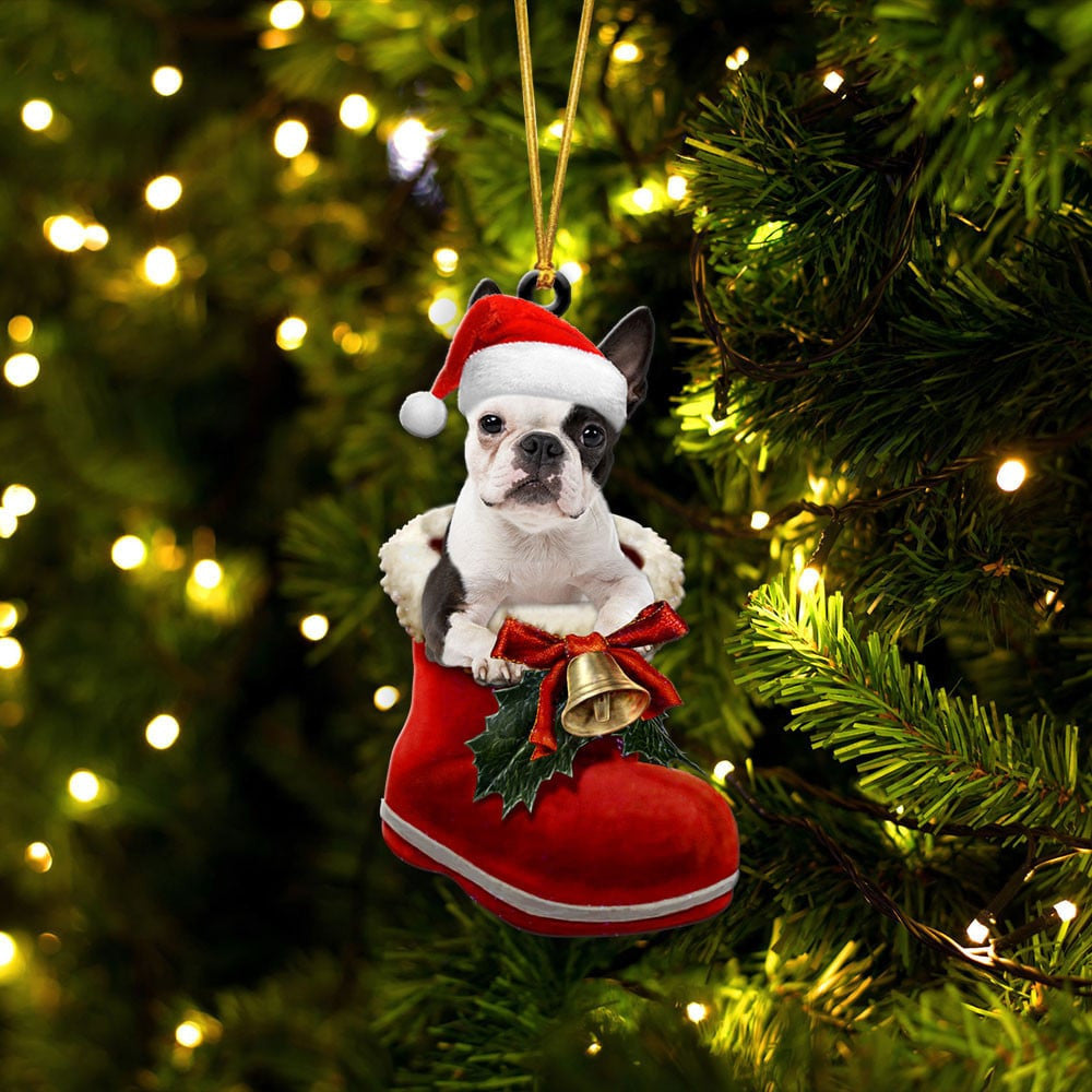 Boston Terrier In Santa Boot Christmas Two Sided Ornament OO4080