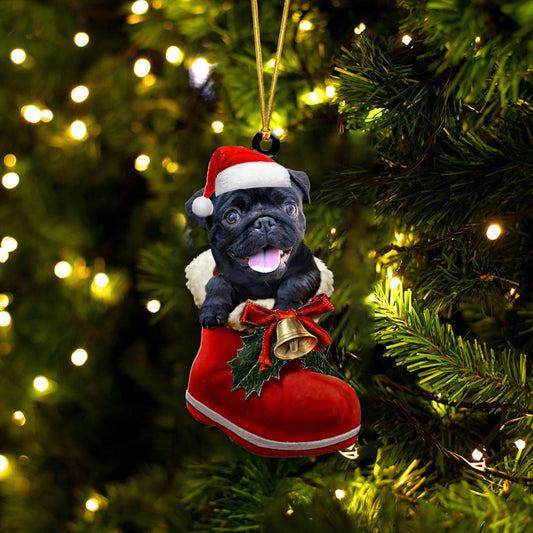 Pug Black 1 In Santa Boot Christmas Two Sided Ornament OO4147