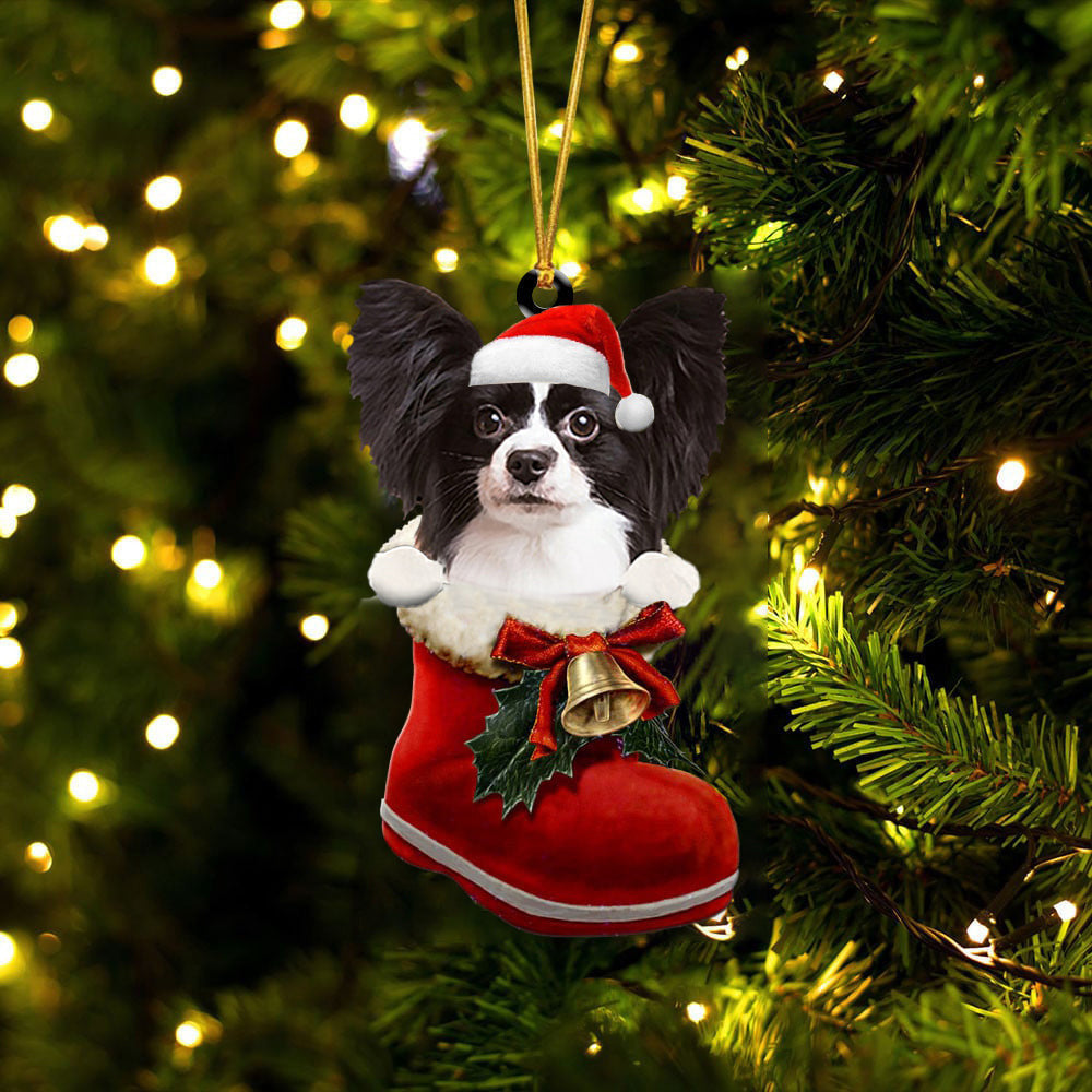 Papillon 2 In Santa Boot Christmas Two Sided Ornament OO4218