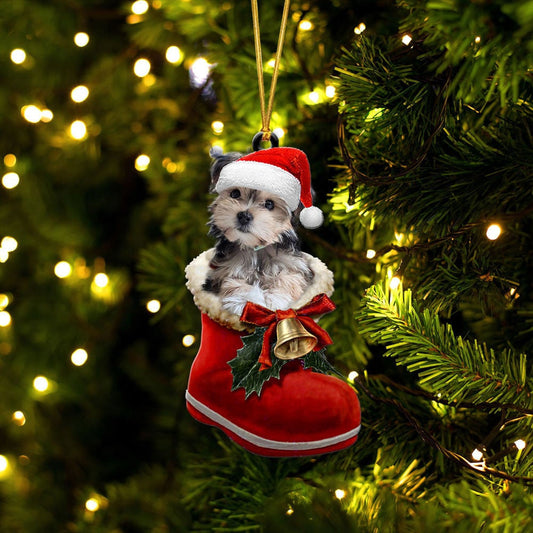 Morkie In Santa Boot Christmas Two Sided Ornament OO4183