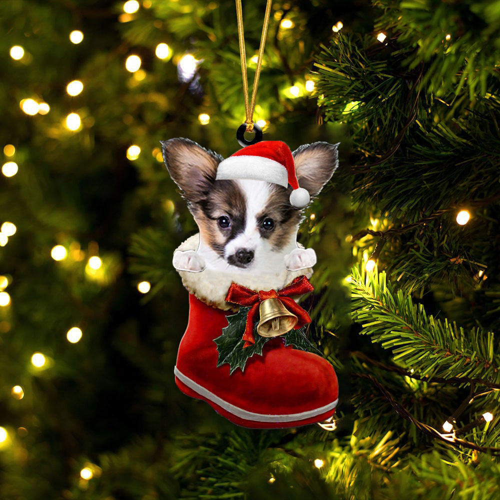 Papillon 3 In Santa Boot Christmas Two Sided Ornament OO4200