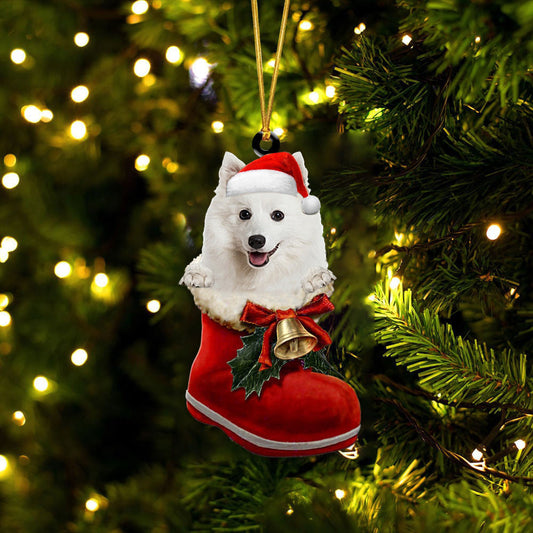 Japanese Spitz In Santa Boot Christmas Two Sided Ornament OO4193