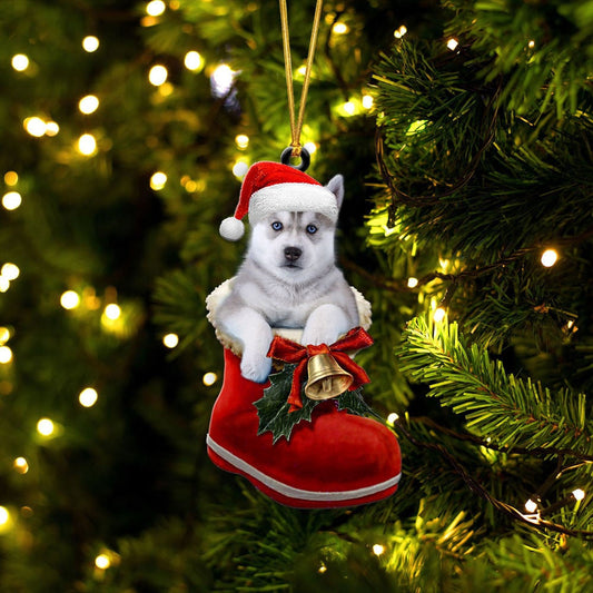 Siberian Husky In Santa Boot Christmas Two Sided Ornament OO4187