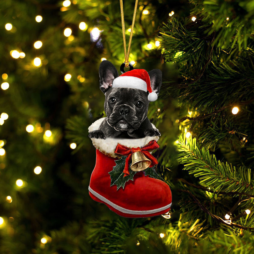 French Bulldog Black 2 In Santa Boot Christmas Two Sided Ornament OO4179