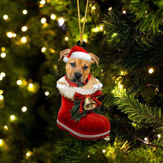 Pitbull Boxer Mix In Santa Boot Christmas Two Sided Ornament OO4103