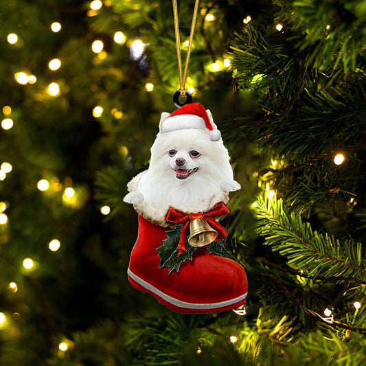 Pomeranian(White In Santa Boot Christmas Two Sided Ornament OO4127