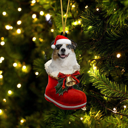 Blue Merle Aussie In Santa Boot Christmas Two Sided Ornament OO4119