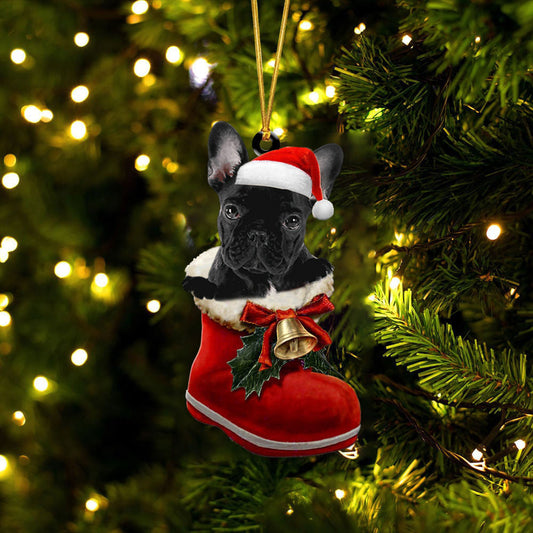 French Bulldog Black 1 In Santa Boot Christmas Two Sided Ornament OO4086