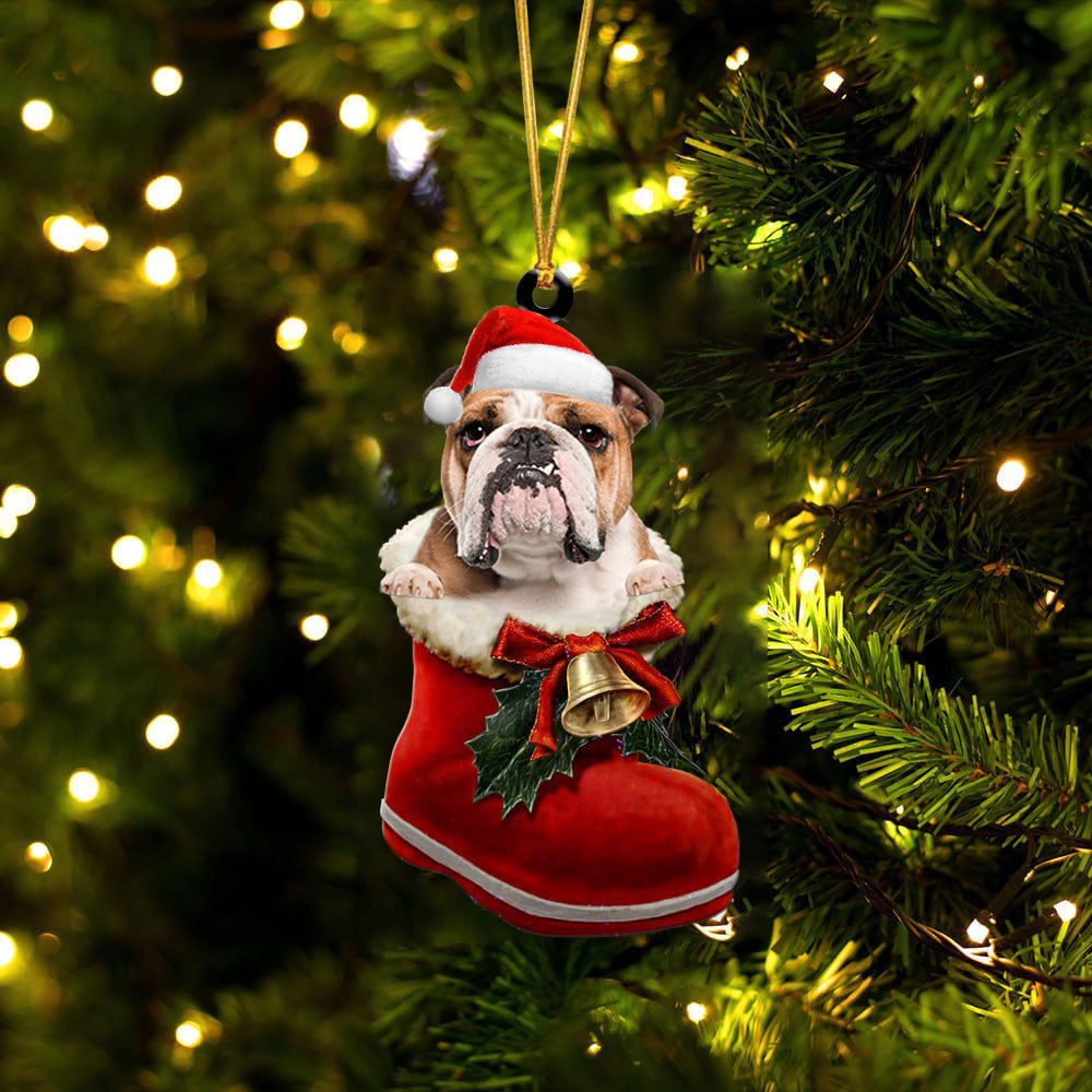 English Bulldog In Santa Boot Christmas Two Sided Ornament OO4074