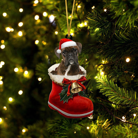 Boxer 2 In Santa Boot Christmas Two Sided Ornament OO4068