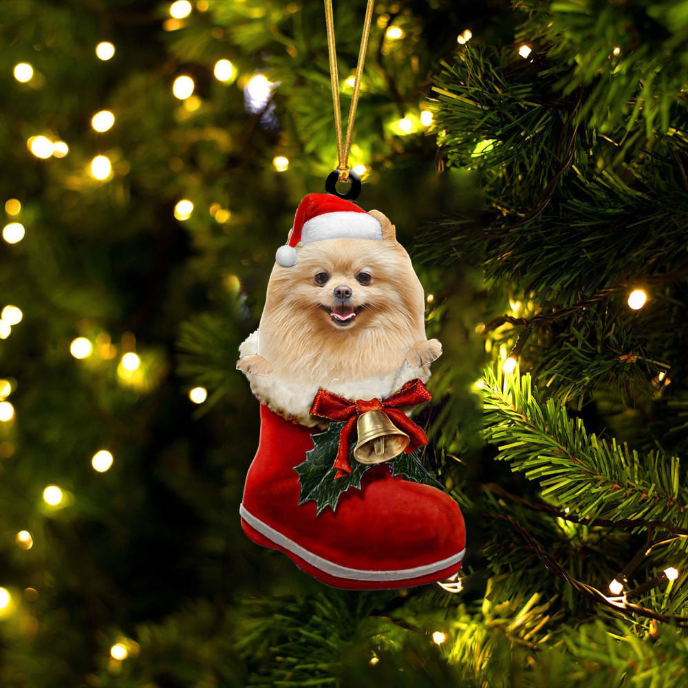 Pomeranian 2 In Santa Boot Christmas Two Sided Ornament OO4049