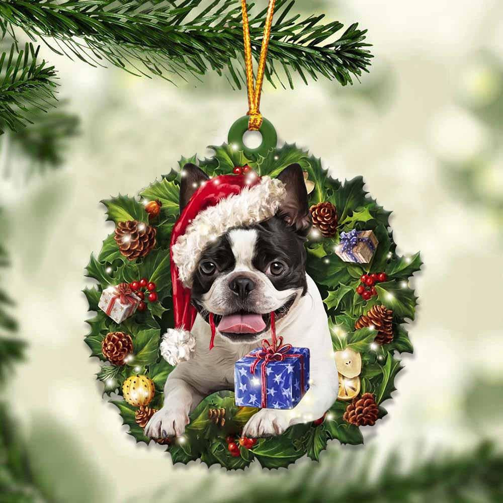 Boston Terrier and Christmas Wreath Ornament gift for Boston Terrier lover ornament OO4032