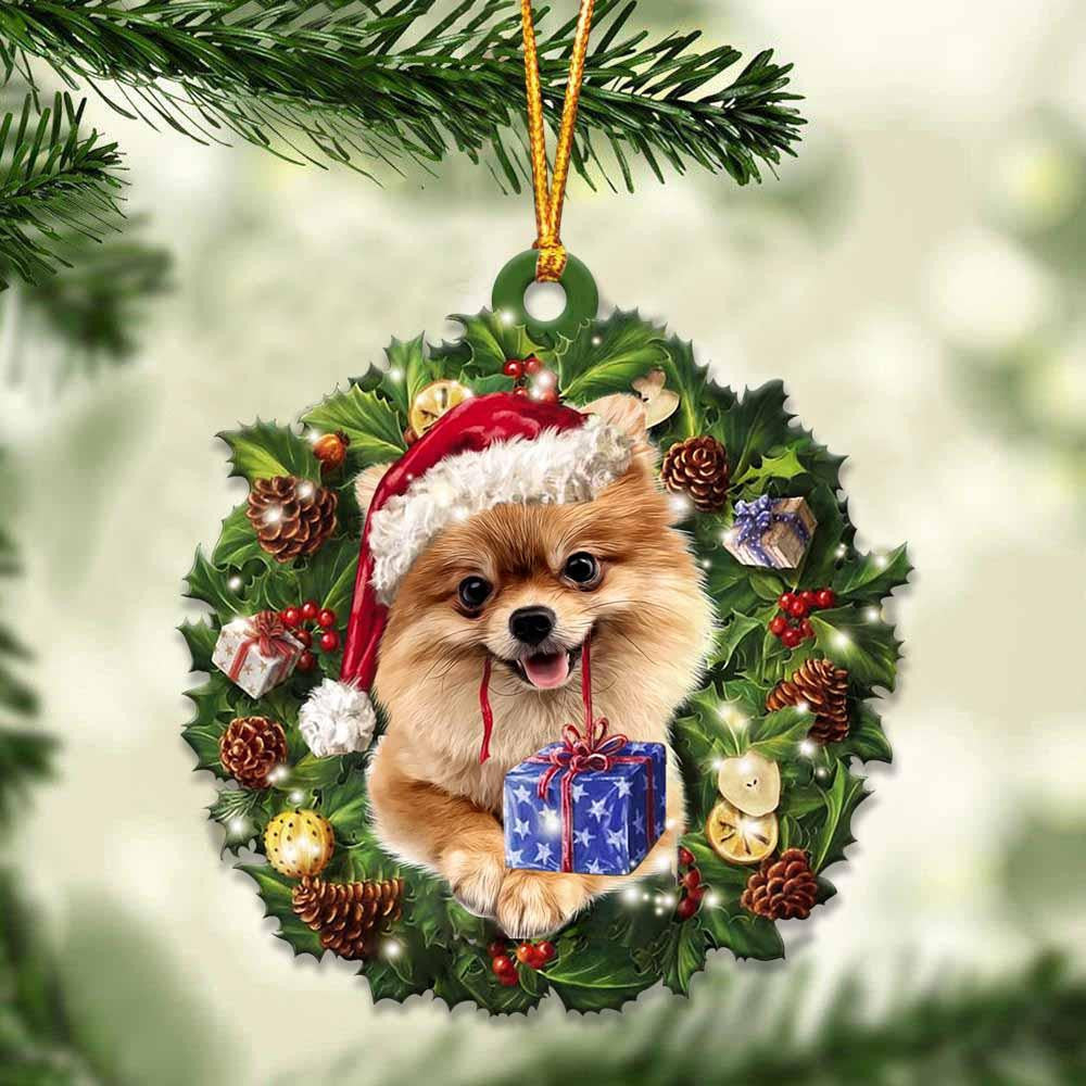 Gold Pomeranian and Christmas Wreath Ornament gift for Gold Pomeranian lover ornament OO3970