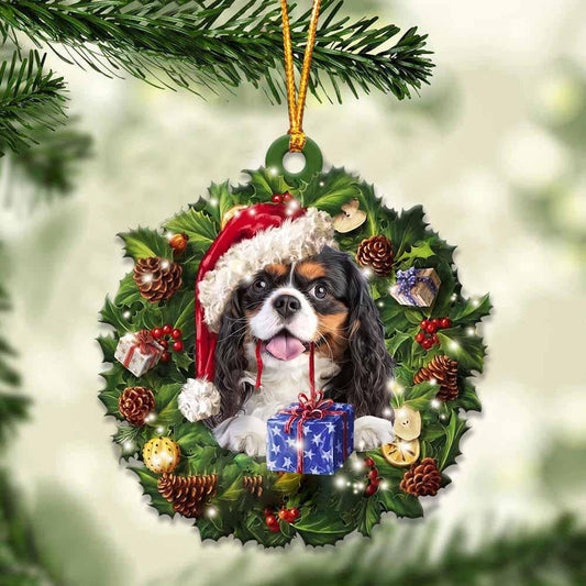 Black and Tan Cavalier King and Christmas Wreath Ornament gift for Black and Tan Cavalier King lover ornament OO3973