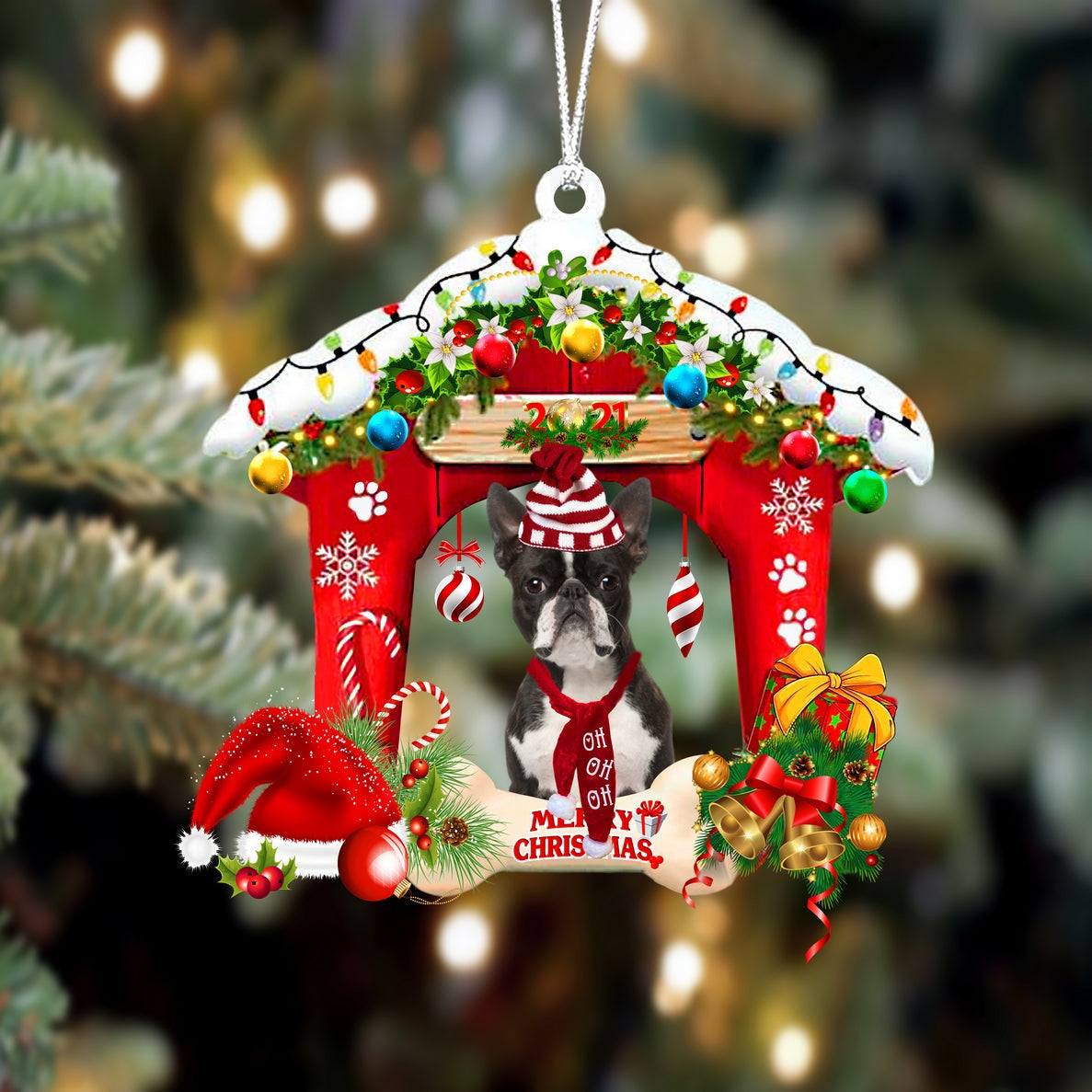 Boston terrier Christmas House Custom Shaped Two Sided Ornament OO3946