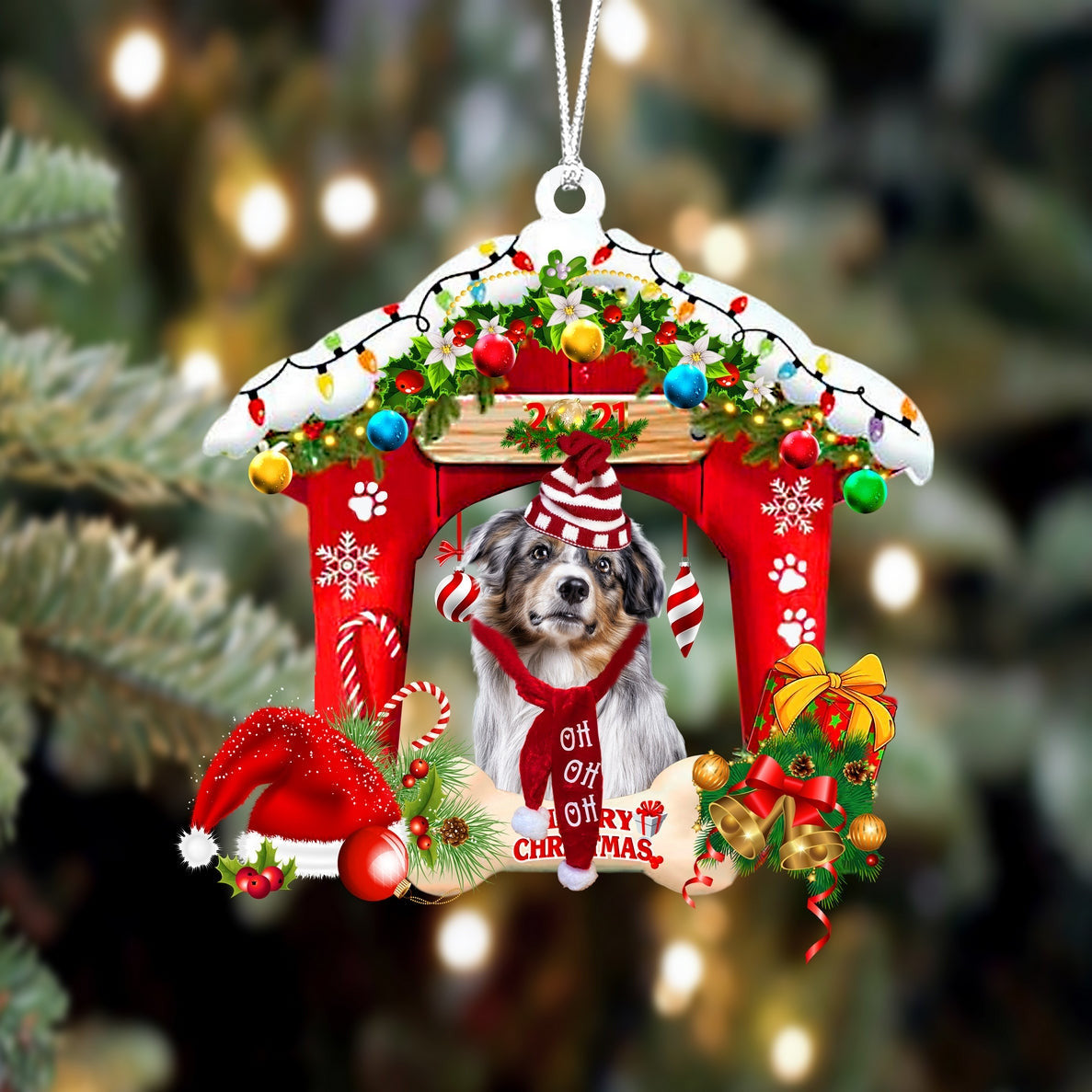 Australian Shepherd Christmas House Custom Shaped Two Sided Ornament OO3958