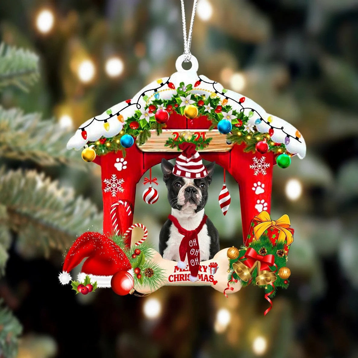 Boston terrier Christmas House Custom Shaped Two Sided Ornament OO3946