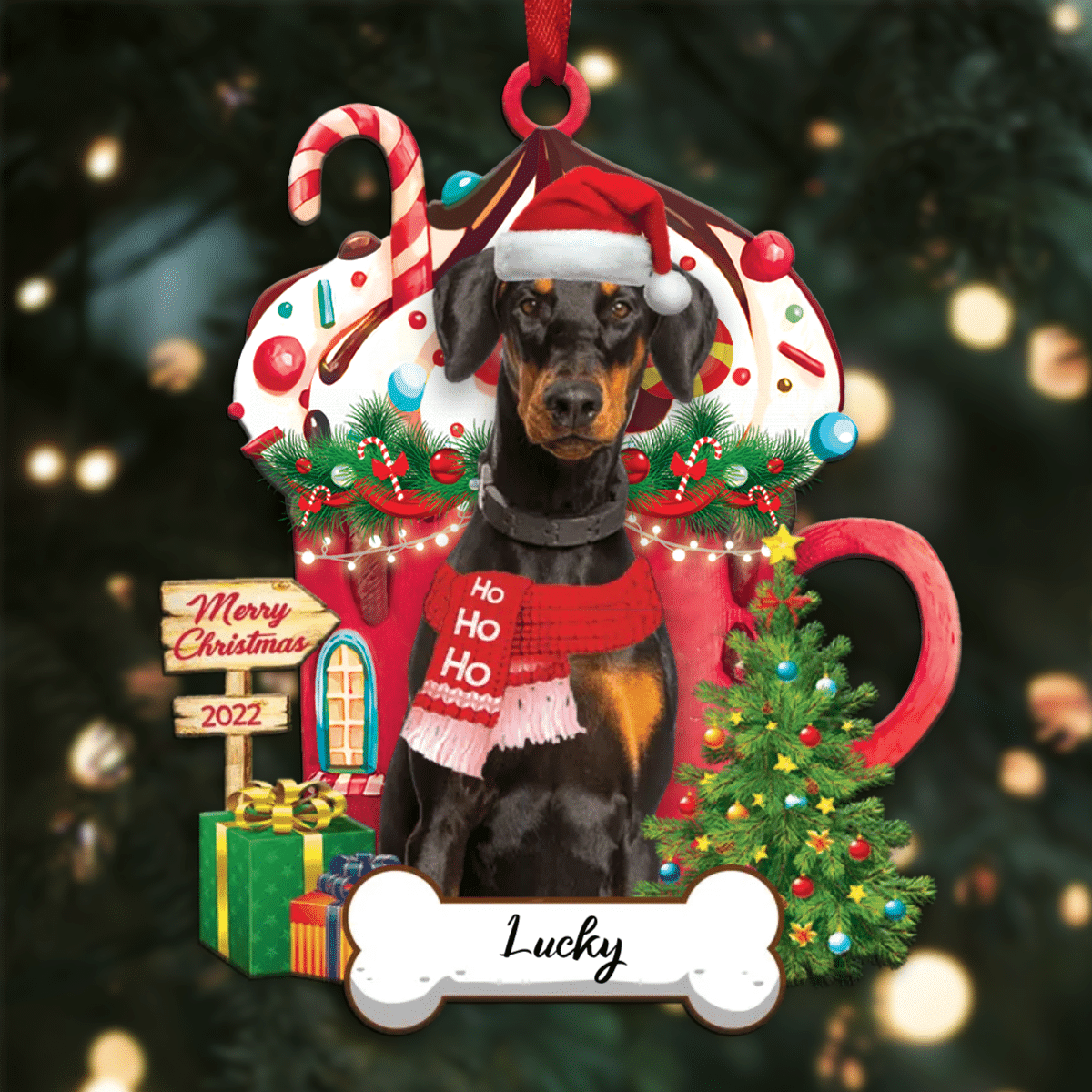 Personalized Ho Ho Ho Doberman Dog Christmas Ornament for Dog Lovers SO1278