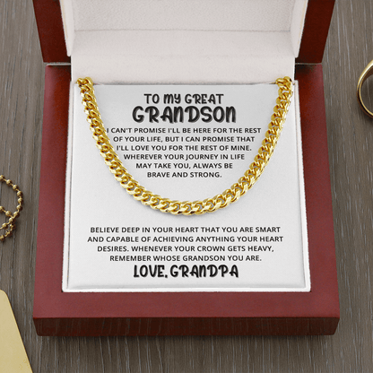 To My Great Grandson - Great Heart Love, Grandpa - Cuban Link Chain Necklace SO0273