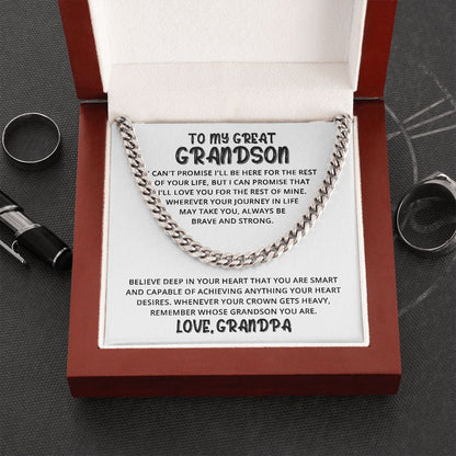 To My Great Grandson - Great Heart Love, Grandpa - Cuban Link Chain Necklace SO0273